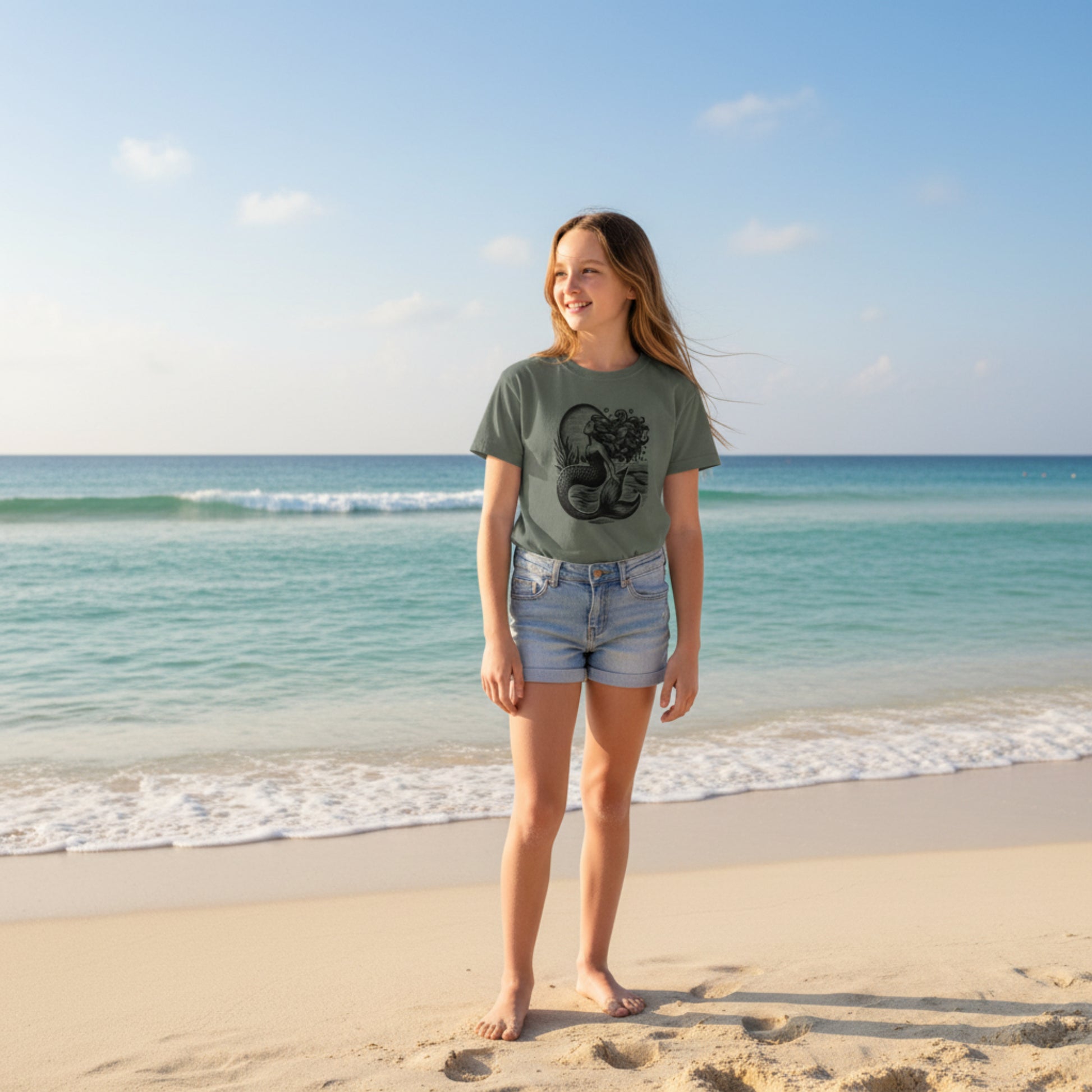 Comfort Colors mermaid t shirt featuring a linocut inspired illustration of a mermaid rising from textured ocean waves under a glowing full moon. Coastal aesthetic graphic tee on a soft garment dyed midweight unisex shirt with relaxed classic fit. Perfect ocean lover shirt beach outfit summer coastal style vintage seaside art tee for women men and teens. Ideal for layering or casual wear with durable cotton fabric and detailed monochrome artwork mermaid lover gift coastal gift idea