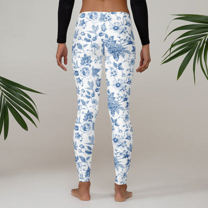 Image: Vintage style toile leggings for women, crafted in soft fabric with a detailed blue floral design. From XS to XL, they provide a cozy, flattering fit perfect for moms who love fashion forward comfort. Great for vacations, lounging, or seasonal outfits. These leggings are part of a family matching set so you can coordinate with kids for special occasions or fun family days, by jaecrece.