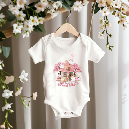 A white short-sleeve baby bodysuit hanging on a wooden hanger, featuring a cute Halloween graphic of a haunted house, pumpkins, and the text 'Wishing you the Sweetest Halloween'. The bodysuit is styled against a soft curtain backdrop with hanging white flowers.