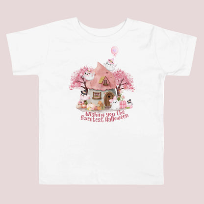 Adorable watercolor inspired Halloween scene for toddlers featuring several friendly white ghosts, pink pumpkins, flowers, autumn trees, and a cozy haunted cottage. Soft pink colors and playful details create a sweet Halloween aesthetic for parties, pumpkin patches, and trick or treating.