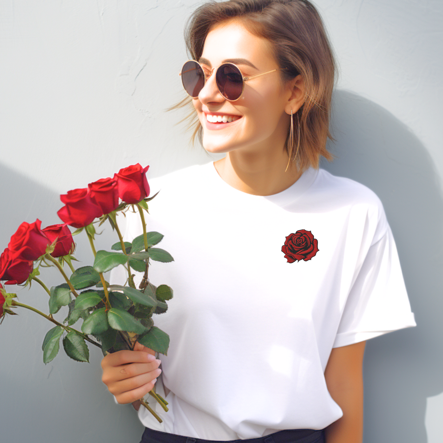 Woman wearing a white embroidered rose t shirt featuring a bold red rose floral embroidery centered on the chest. The soft cotton shirt is styled casually, highlighting the contrast between the crisp white fabric and the detailed rose stitching inspired by traditional tattoo art. The rose represents the June birth flower, symbolizing love and beauty, making this a meaningful gift for her birthday, anniversary, or everyday wear for women who love floral embroidery and romantic design.