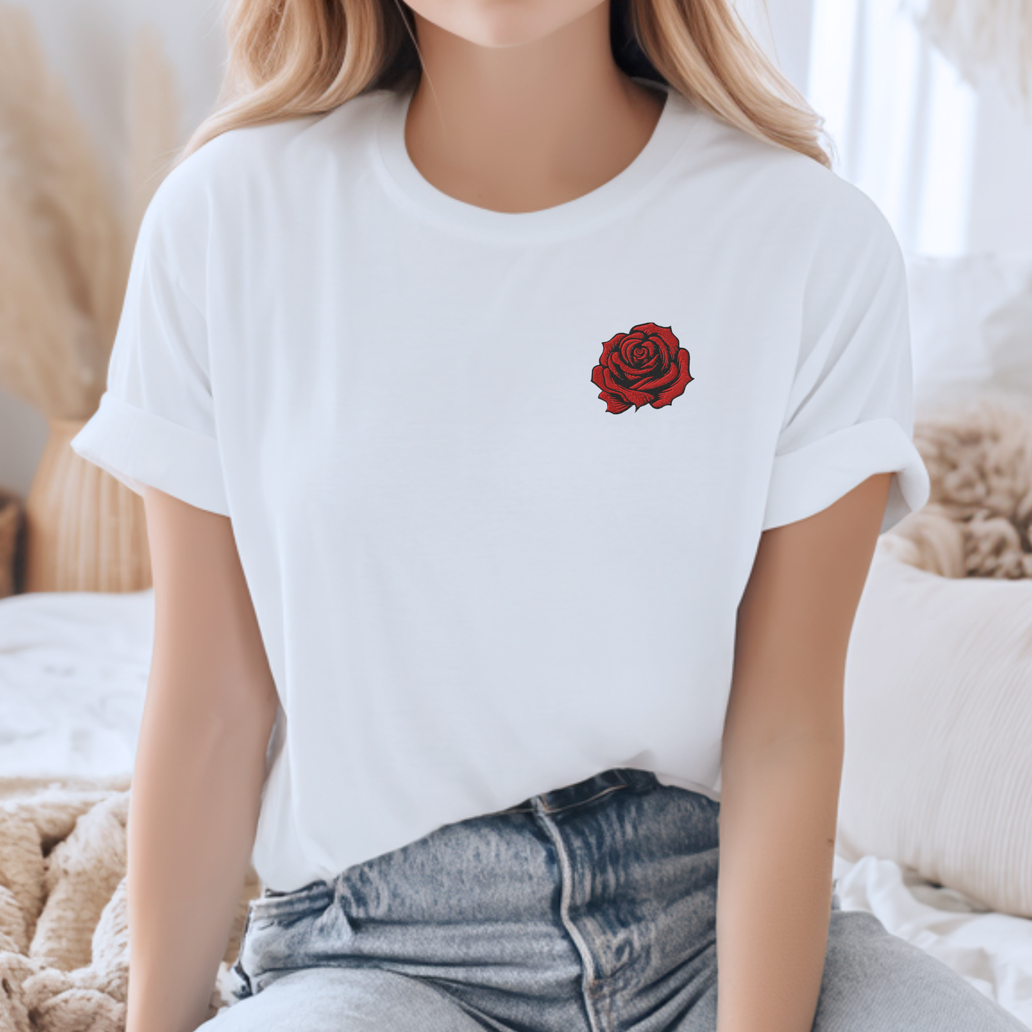 Embroidered floral shirt featuring a red rose design symbolizing love and strength. This women’s embroidered rose top is inspired by tattoo art and timeless botanical motifs. Perfect as a June birth flower gift, this cozy shirt is ideal for birthdays, anniversaries, or meaningful everyday wear. A thoughtful choice for floral lovers, sentimental gift shoppers, and women who enjoy expressive embroidery.