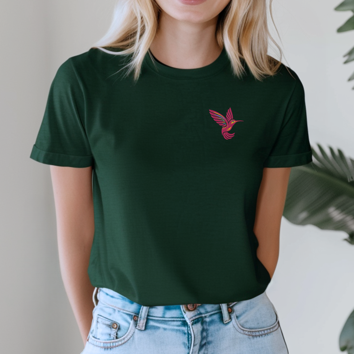 Women's pink hummingbird tee featuring delicate embroidery on the left chest, a beautiful bird lover shirt for gardening enthusiasts, hummingbird watchers, nature lovers and cottagecore fans, available in cream, pink, white, forest green and navy in sizes XS through 5XL
