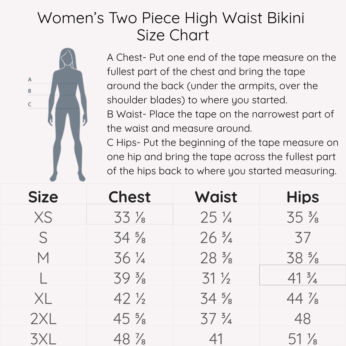 Size chart for women's two-piece high waist bikini with measurements for chest, waist, and hips. Sizes XS-3XL