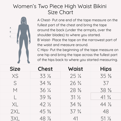 Size chart for women's two-piece high waist bikini with measurements for chest, waist, and hips. Sizes XS-3XL