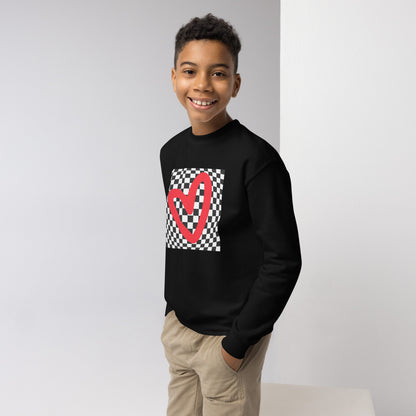 Checkerboard Love Youth Sweatshirt, features a retro black and checker optical illusion pattern with a red heart. Perfect as a gift for Valentine's Day! Matching shirts, baby bodysuits available in baby, child and adult sizes, by jaecrece