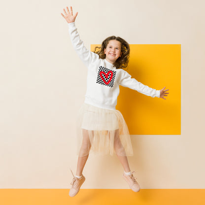Checkerboard Love Youth Sweatshirt, features a retro black and checker optical illusion pattern with a red heart. Perfect as a gift for Valentine's Day! Matching shirts, baby bodysuits available in baby, child and adult sizes, by jaecrece
