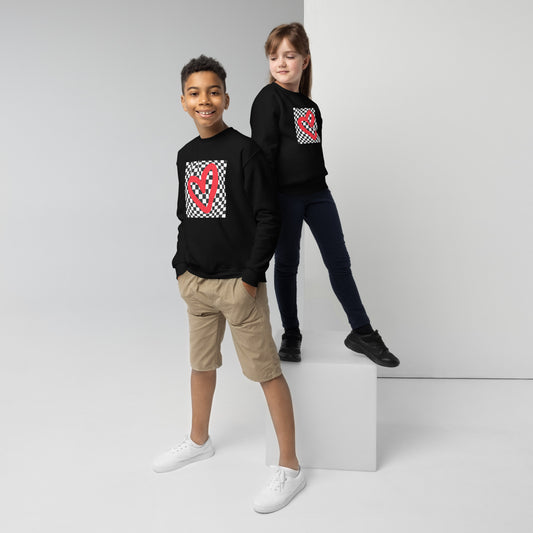 Checkerboard Love Youth Sweatshirt, features a retro black and checker optical illusion pattern with a red heart. Perfect as a gift for Valentine's Day! Matching shirts, baby bodysuits available in baby, child and adult sizes, by jaecrece