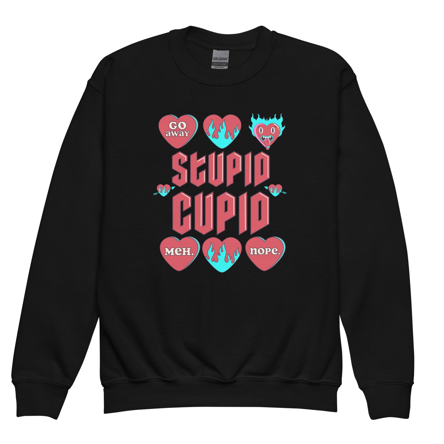 Image: Stupid Cupid Anti Valentines Day T-shirt for Kids. This sweatshirt is for girls and boys with red 90s style text that reads Stupid Cupid, with conversation hearts that are on fire, or say Go Away, Meh, Nope. Great for school party, by jaecrece