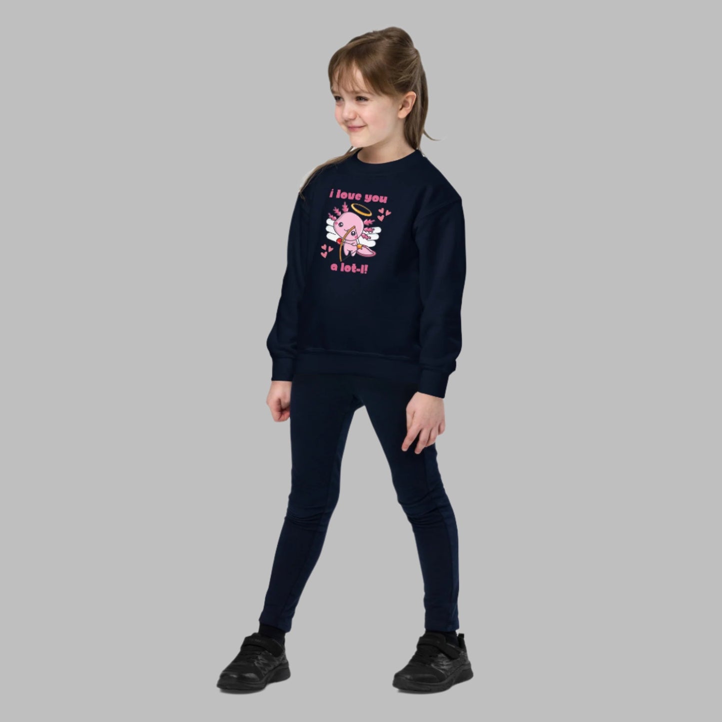 Axolotl Love Child Sweatshirt, Pink Animal Cupid Love Sweater. This Valentines Day kids pullover has a cute Mexican Salamander Axolotl Cupid with the text I Love you a Lot-L. Perfect gift for animal lover. Available in gray black white, by jaecrece