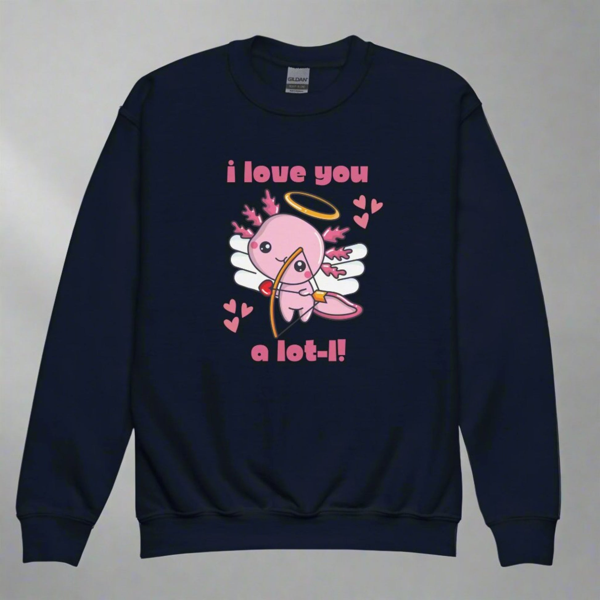 Axolotl Love Child Sweatshirt, Pink Animal Cupid Love Sweater. This Valentines Day kids pullover has a cute Mexican Salamander Axolotl Cupid with the text I Love you a Lot-L. Perfect gift for animal lover. Available in gray black white, by jaecrece