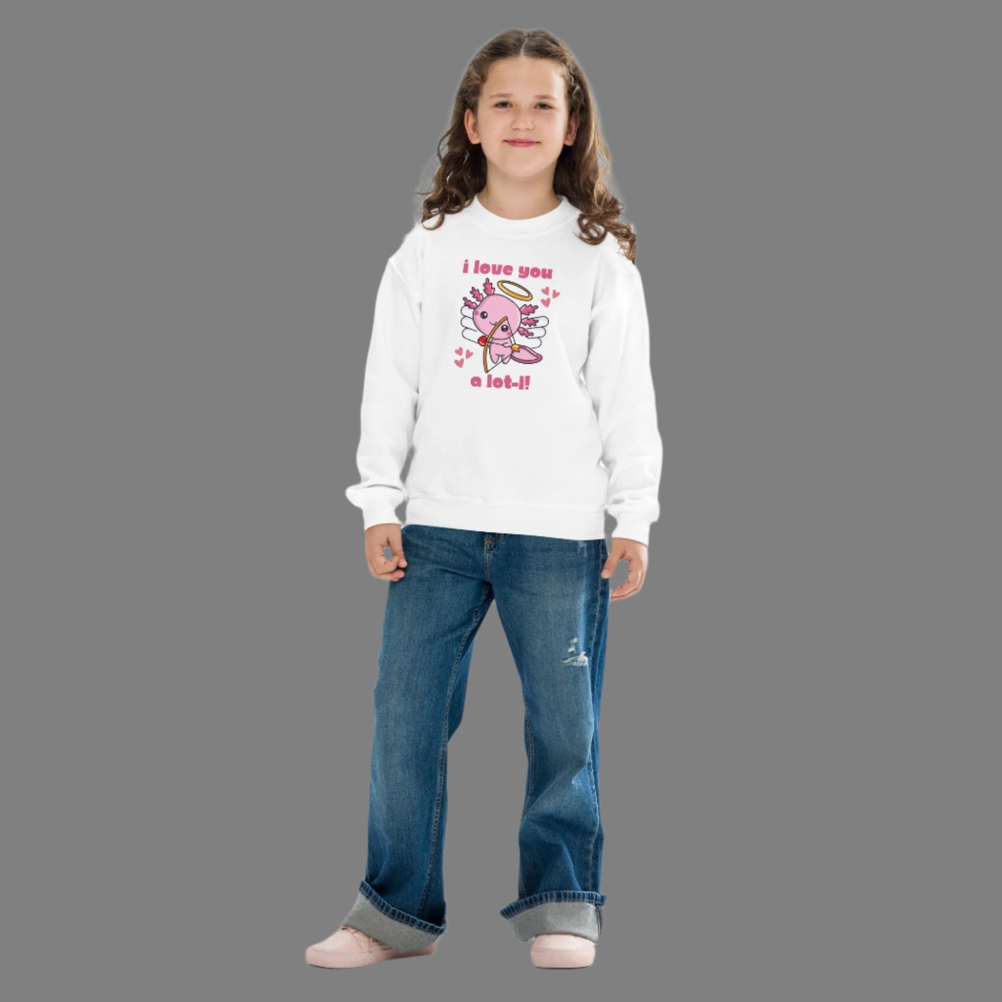 Axolotl Love Child Sweatshirt, Pink Animal Cupid Love Sweater. This Valentines Day kids pullover has a cute Mexican Salamander Axolotl Cupid with the text I Love you a Lot-L. Perfect gift for animal lover. Available in gray black white, by jaecrece