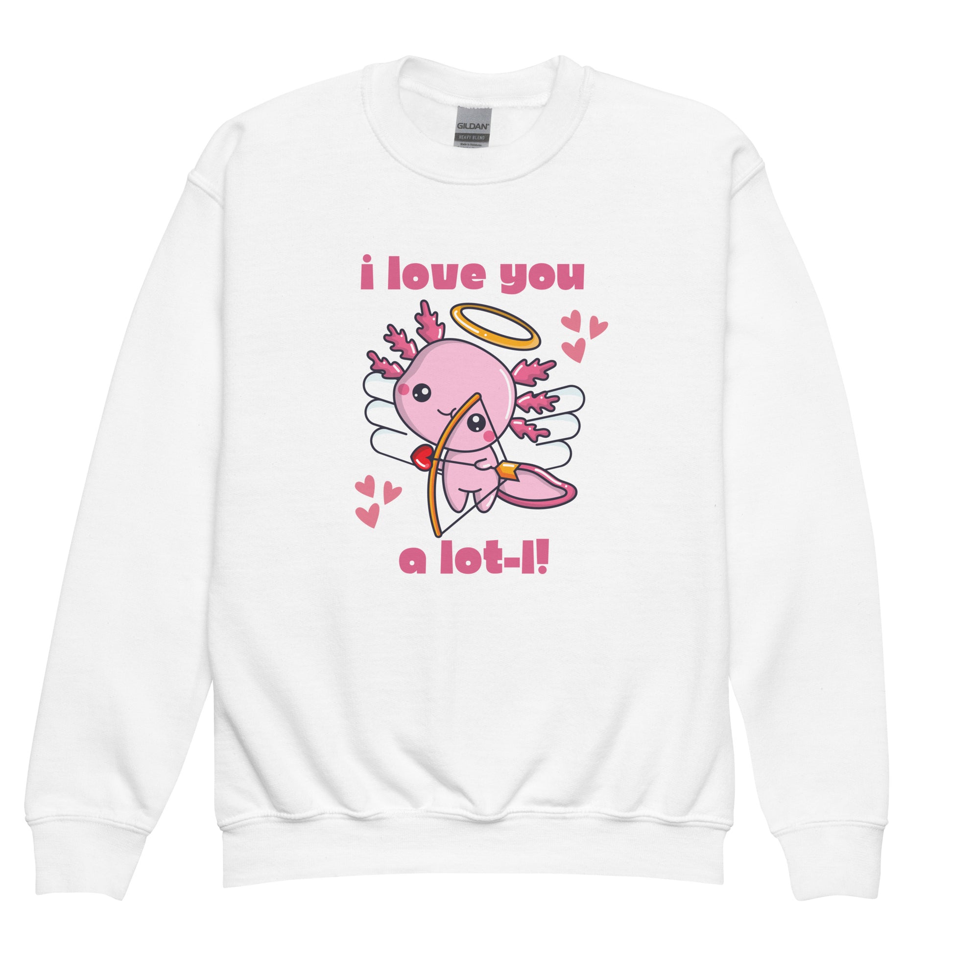 Axolotl Love Child Sweatshirt, Pink Animal Cupid Love Sweater. This Valentines Day kids pullover has a cute Mexican Salamander Axolotl Cupid with the text I Love you a Lot-L. Perfect gift for animal lover. Available in gray black white, by jaecrece