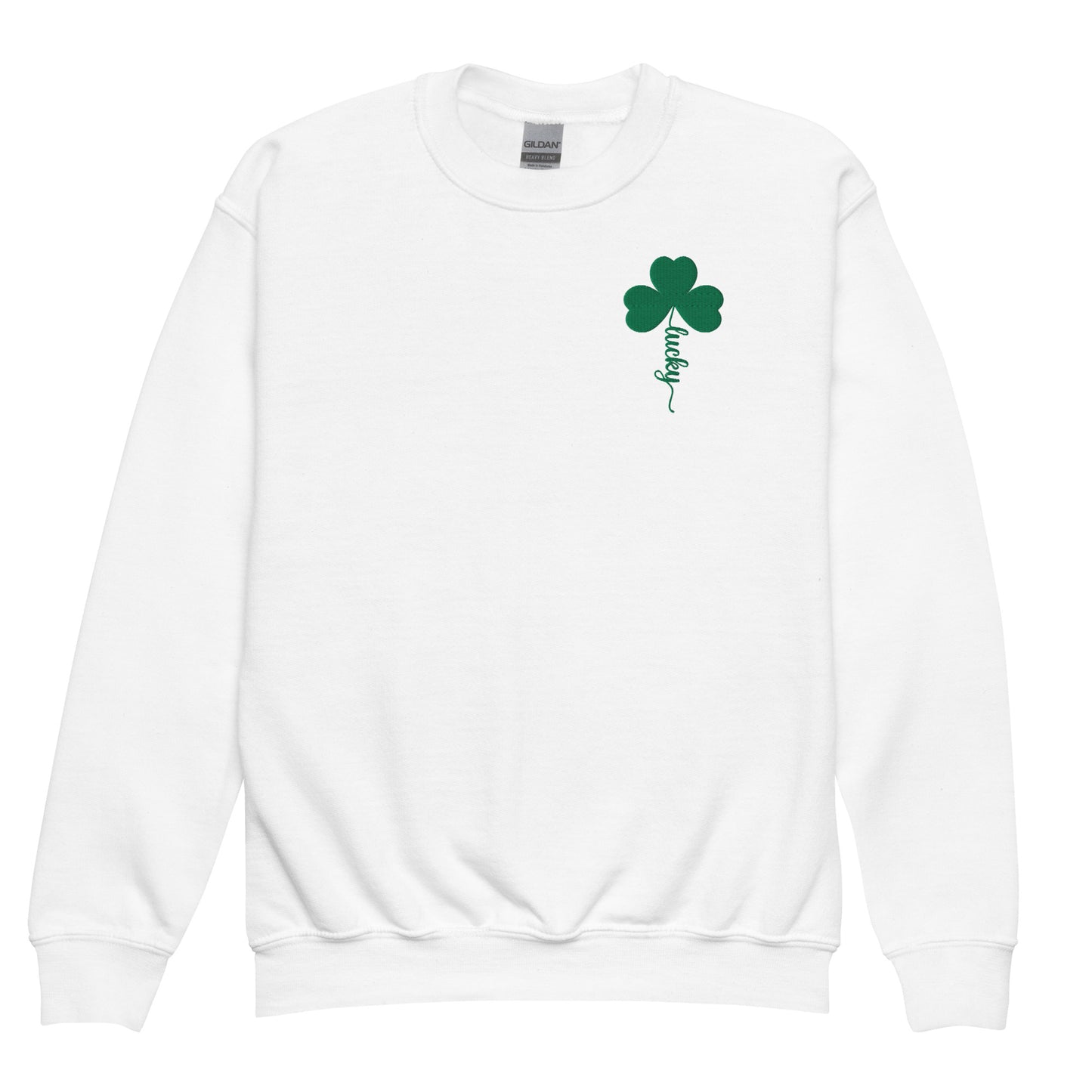 Image: St Patricks Day Emboidered Shamrock Lucky Sweatshirt. This white crewneck pullover has embroidered green four leaf clover, and stem of the  clover spells Lucky. Available in sizes for toddlers, girls, boys tweens, by jaecrece