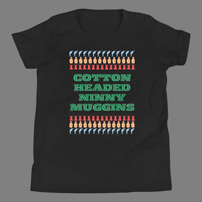 Cotton Headed Ninny Muggins child T-Shirt - youth holiday shirt for Elf Movie lovers. Comes in Black or white, features words “cotton headed ninny Muggins “ with narwhals, lingerie and maple syrup- all of Buddy the Elf’s favorite things- by jaecrece