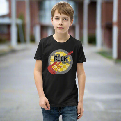 Black youth unisex tshirt, with a mustard yellow checkerboard background. Maroon guitar. The rock and roll font reads "Ready to rock this year", by jaecrece.com