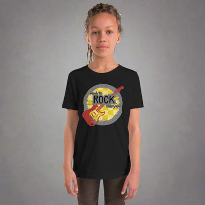 Black youth unisex tshirt, with a mustard yellow checkerboard background. Maroon guitar. The rock and roll font reads "Ready to rock this year", by jaecrece.com