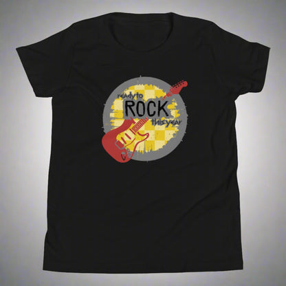 Black youth unisex tshirt, with a mustard yellow checkerboard background. Maroon guitar. The rock and roll font reads "Ready to rock this year", by jaecrece.com