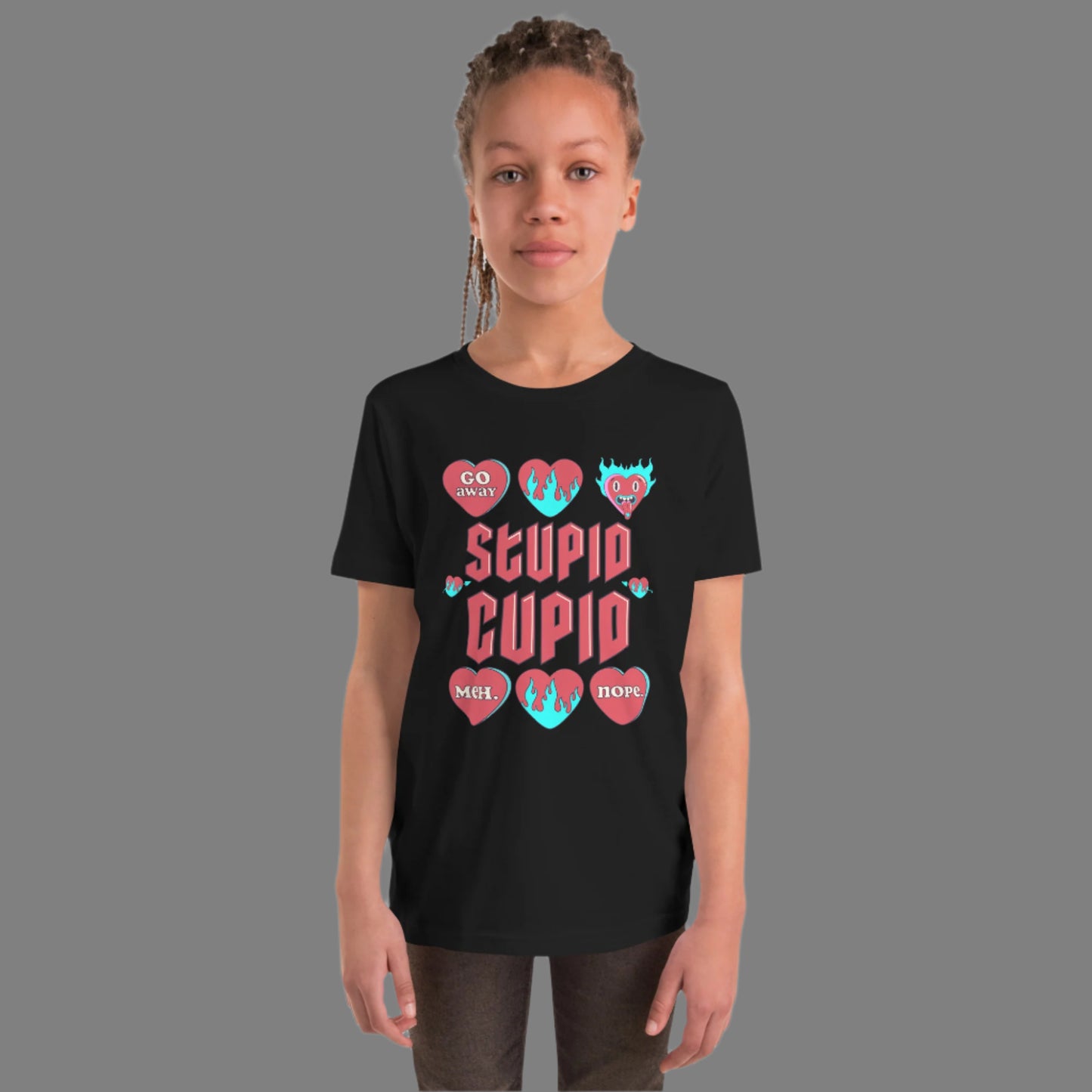 Image: Stupid Cupid Anti Valentines Day T-shirt for Kids. This sweatshirt is for girls and boys with red 90s style text that reads Stupid Cupid, with conversation hearts that are on fire, or say Go Away, Meh, Nope. Great for school party, by jaecrece