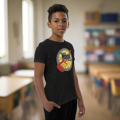 Black youth unisex tshirt, with a mustard yellow checkerboard background. Maroon guitar. The rock and roll font reads "Ready to rock this year", by jaecrece.com