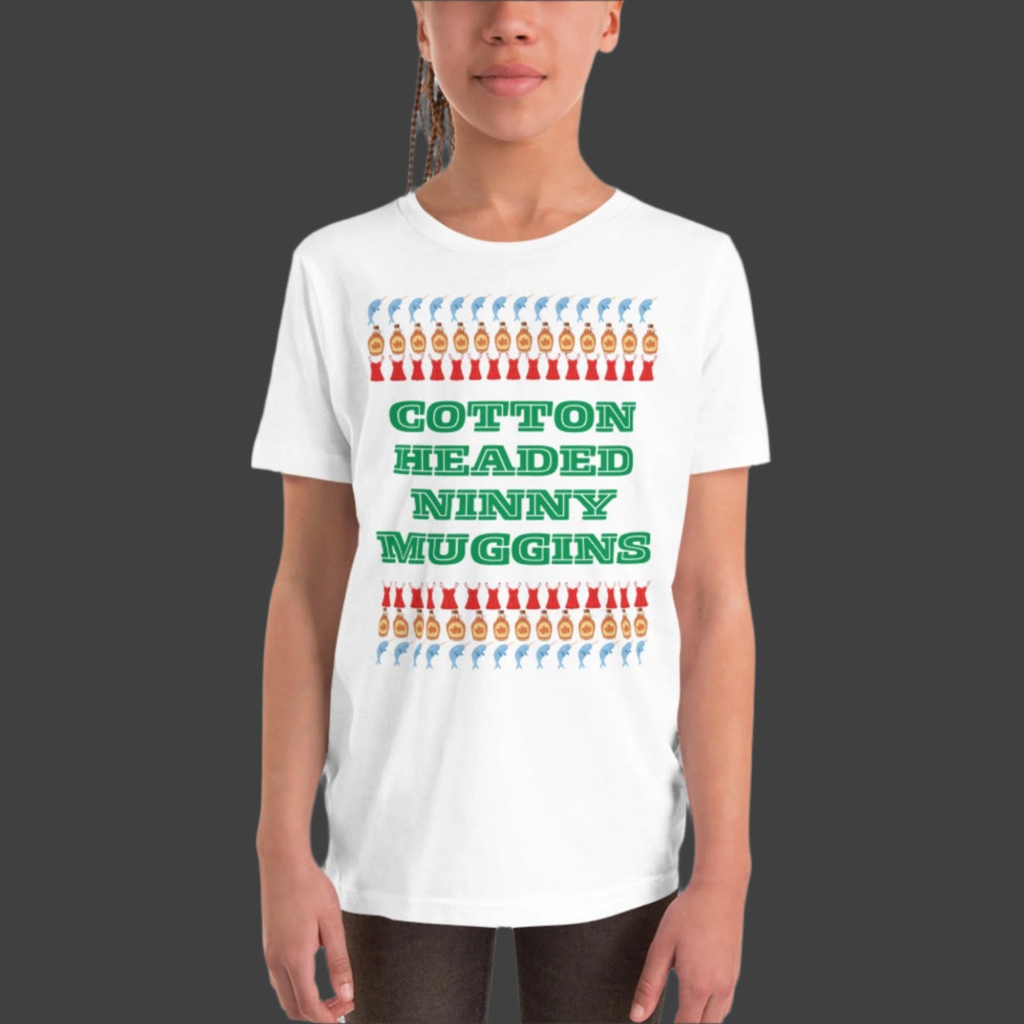 Cotton Headed Ninny Muggins child T-Shirt - youth holiday shirt for Elf Movie lovers. Comes in Black or white, features words “cotton headed ninny Muggins “ with narwhals, lingerie and maple syrup- all of Buddy the Elf’s favorite things- by jaecrece