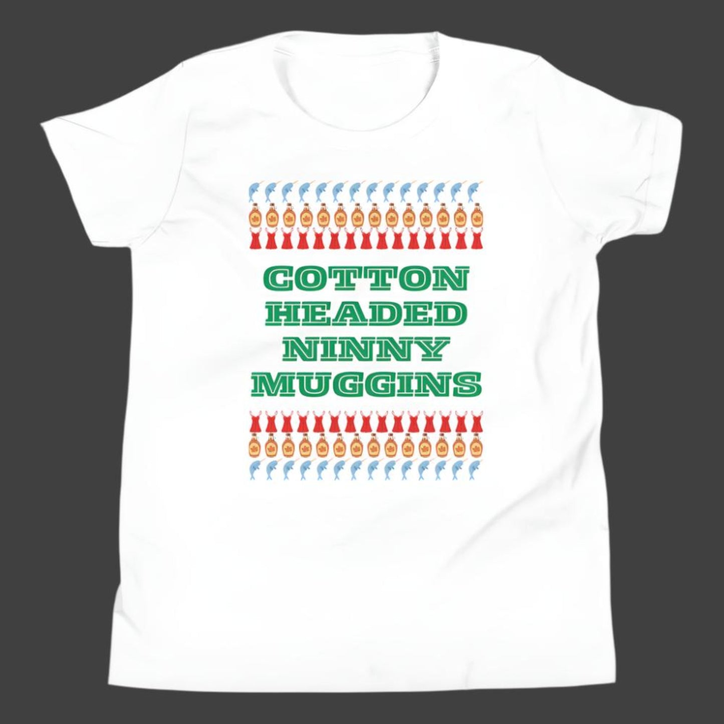 Cotton Headed Ninny Muggins child T-Shirt - youth holiday shirt for Elf Movie lovers. Comes in Black or white, features words “cotton headed ninny Muggins “ with narwhals, lingerie and maple syrup- all of Buddy the Elf’s favorite things- by jaecrece