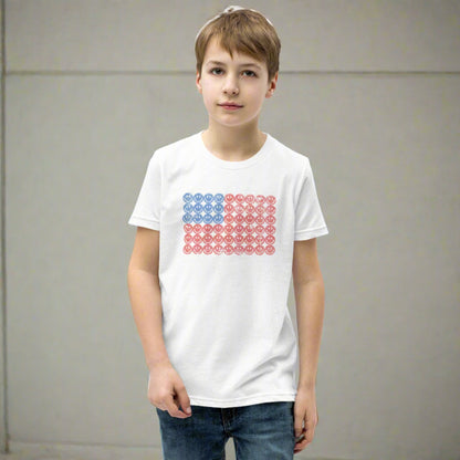 White unisex patriotic shirt for boys and girls. The graphic is an American flag, made up of Blue and Red Vintage smiley faces, by jaecrece.com