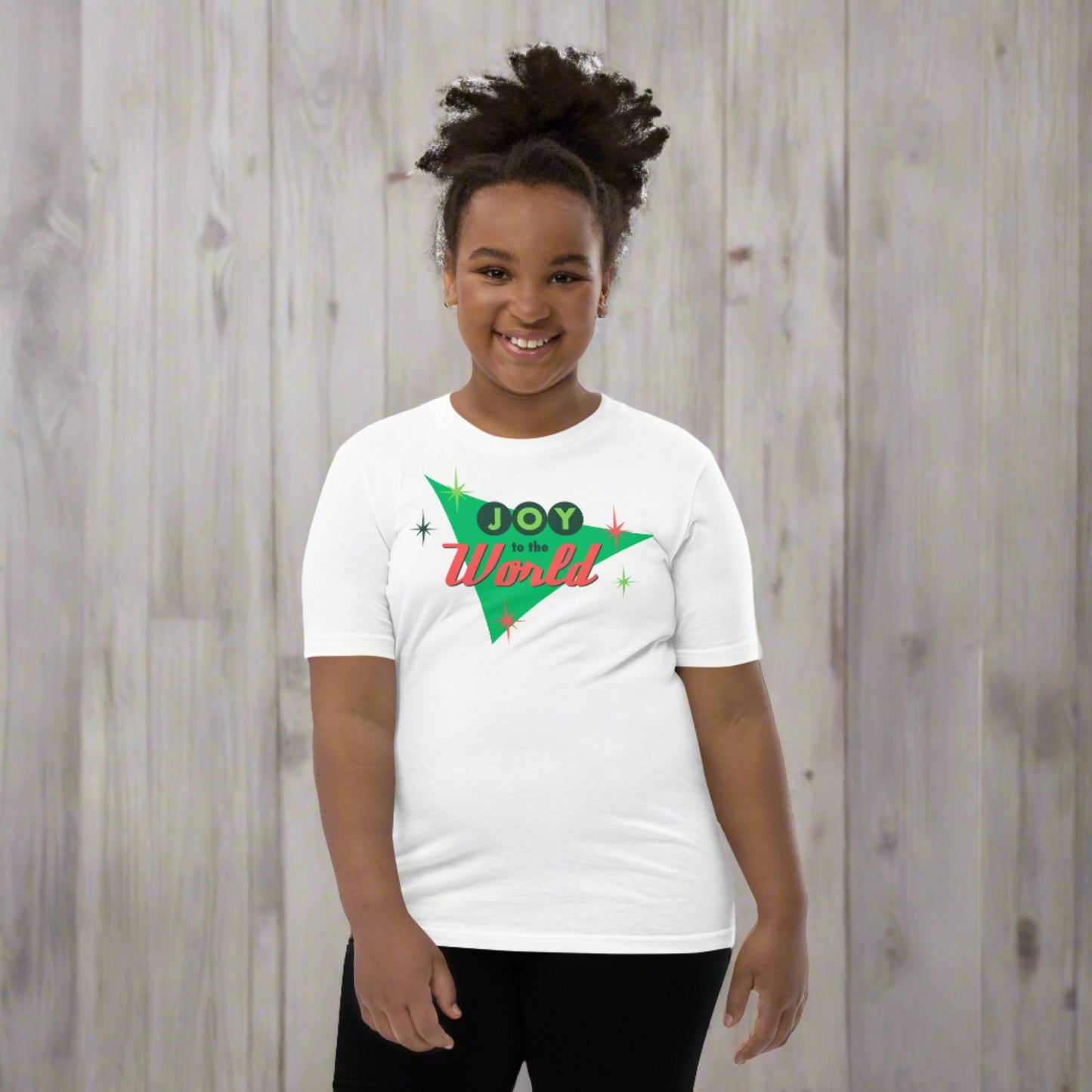 Joy to the World Youth Short Sleeve Holiday Shirt, featuring a fun retro design, by jaecrece.com