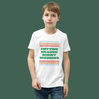 Youth “Cotton Headed Ninny Muggins” Christmas t-shirt featuring breathable, pre-shrunk cotton for all-day comfort. This unisex short sleeve tee is perfect for toddlers and kids who want to celebrate the holiday season with a playful Elf-inspired quote. Great for holiday parties, family photos, or as a unique gift for kids who love festive movies.