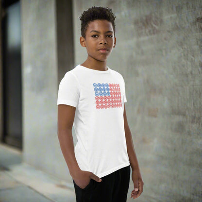 White unisex patriotic shirt for boys and girls. The graphic is an American flag, made up of Blue and Red Vintage smiley faces, by jaecrece.com