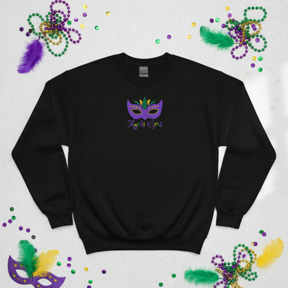 This youth Mardi Gras embroidered sweatshirt brings the fun of New Orleans to your child’s wardrobe. With a colorful mask and festive “Mardi Gras” stitched in purple, green, and gold, it’s made for parade watching, classroom celebrations, or family parties. Available in sizes XS–XL, and part of a matching family Mardi Gras outfit set. A must-have for parents looking for Mardi Gras fashion for kids.