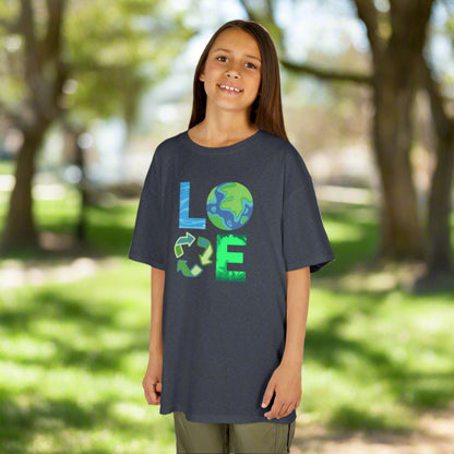 Earth Day shirt for kids designed with eco friendly graphics that support reduce reuse recycle and sustainable earth friendly values. Youth XS to XL available in White Ash Heather Navy and Forest Green. Perfect Earth Day April 22 outfit for school celebrations eco classroom events and mommy and me matching shirts. Comfortable soft tee for kids who love nature gardening animals and green living lifestyles.